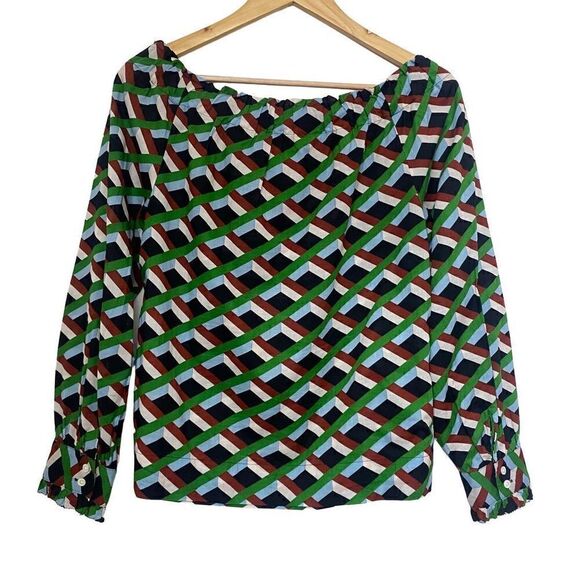 J.Crew  Off The Shoulder In Ratti Graphic Diamond Blouse Green Brown Size S - Picture 5 of 12